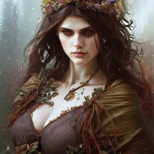 Prompt: beautiful druid witch maiden girl, Alexandra Daddario, intricate, elegant, highly detailed, digital painting, artstation, concept art, smooth, sharp focus, illustration, art by artgerm and greg rutkowski and alphonse mucha