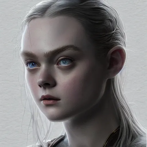 Prompt: front centered symmetrical portrait, Elle Fanning as a D&D paladin, dramatic lighting, cinematic, establishing shot, high detail, photo realistic, cinematic lighting, post processed, 8k, concept art, artstation, matte painting, in the style of eddie mendoza, raphael lacoste, alex ross