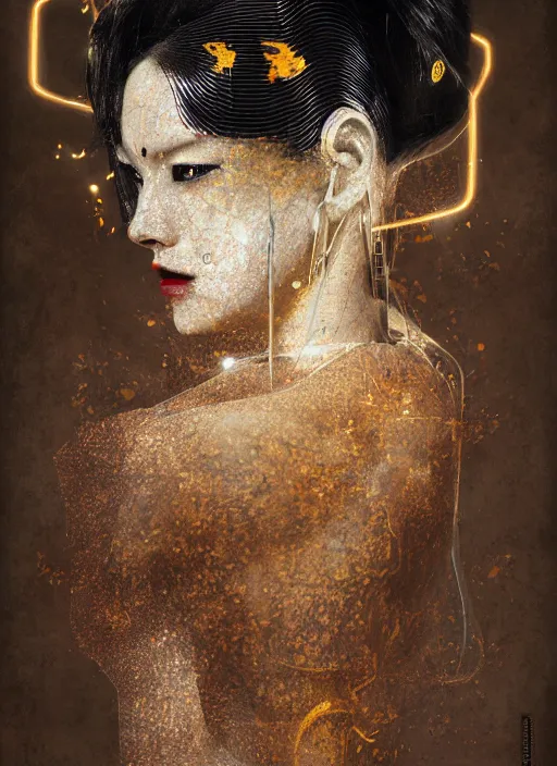 Image similar to portrait of a futuristic geisha cyborg, made from pointclouds, in the style of ghost in the shell, kintsugi, modern fine art, fractal, intricate, elegant, highly detailed, digital photography, subsurface scattering, by jheronimus bosch and greg rutkowski,