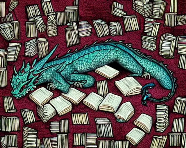 Prompt: A huge dragon sleeping on a huge pile of tiny books, by Jody A Lee.