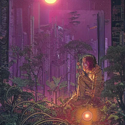 Image similar to Stunningly intricate illustration of single cyberpunk explorer overlooking lush forest, highly detailed, midnight, small glowing orbs by Moebius,