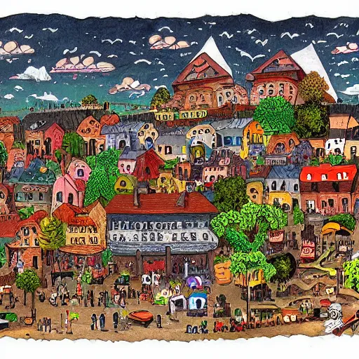 Prompt: very detailed painting of tiny people and monster town in wimmelbilder style