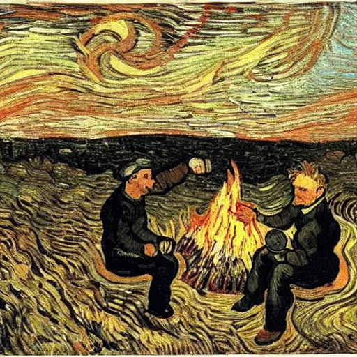Image similar to painting of a man in hell making smores, fire, hot, bag of marshmallows, by van gogh.