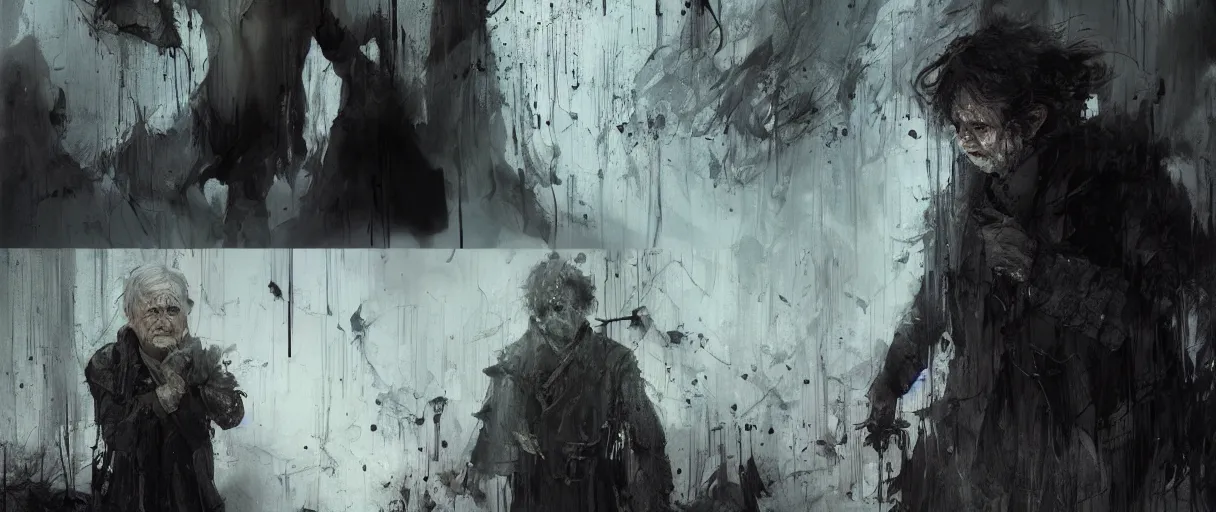 Image similar to concept art of scary bilbo baggins scene from lord of the rings, jumpscare scene with ian holm from fellowship of the ring by emil melmoth zdzislaw beksinki craig mullins yoji shinkawa realistic render ominous detailed photo atmospheric by jeremy mann francis bacon and agnes cecile ink drips paint smears digital glitches glitchart