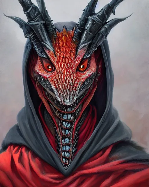 Prompt: eyes oil painting Head and shoulders face portrait painting of anthro female Dragoness wearing a hooded cloak Black and red scales anatomical, Attractive Humanoid, snout smiling character design, character design, feminine realistic trending on artstation, fantasy art by Ryan McGinley, Rodney Matthews, John French Sloan, Paul Laffoley, Raphael Lacoste, Eddie Mendoza, Noriyoshi Ohrai, Annato Finnstark