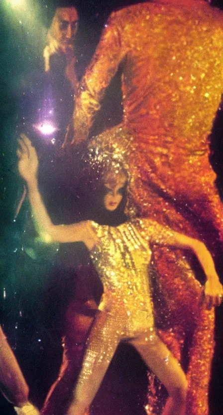 Prompt: the Antichrist dancing at Studio 54, disco, realistic, saturated color, ghosts in the background, high contrast, strobe lights, sparkles, depth of field, 1976, bad VHS