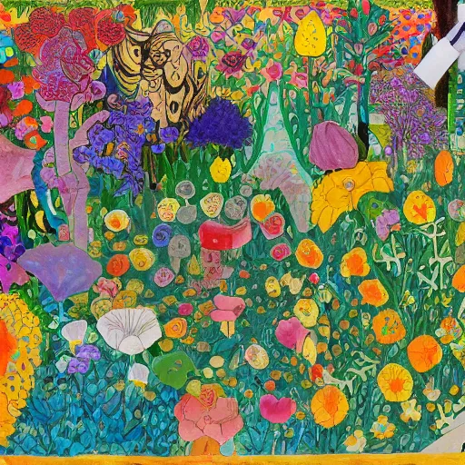 Image similar to a garden of flowers, a mix media painting by Victo Ngai, laurel burch and Leonardo da Vinci and Natalia Goncharova, cluttered , child's drawing