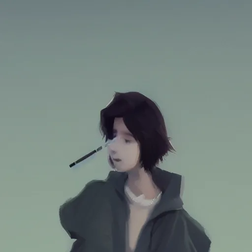 Prompt: woman smoking a cigarette by krenz cushart stu dts yoshiku wlop, white smoke, cinematic lighting, back lit, chromatic aberration, white smoke, trending on ArtStation Pixiv