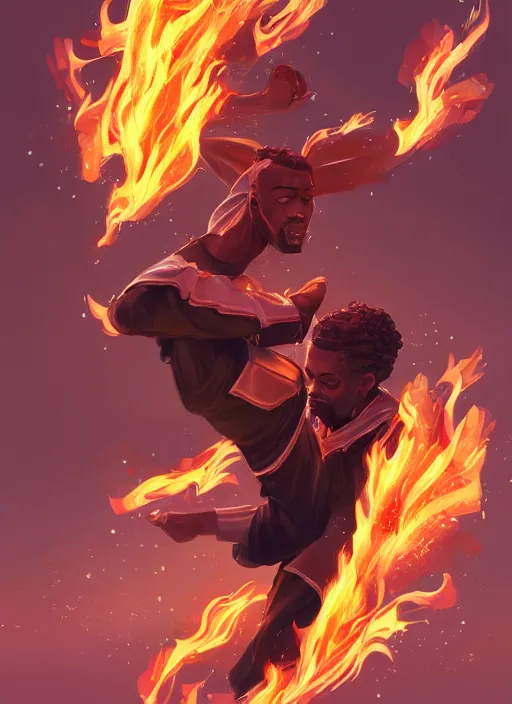 Prompt: a highly detailed illustration of black guy with tall box fade hair wearing tracksuit with flaming hands and feet, heroic flying pose, intricate, elegant, highly detailed, centered, digital painting, artstation, concept art, smooth, sharp focus, league of legends concept art, wlop