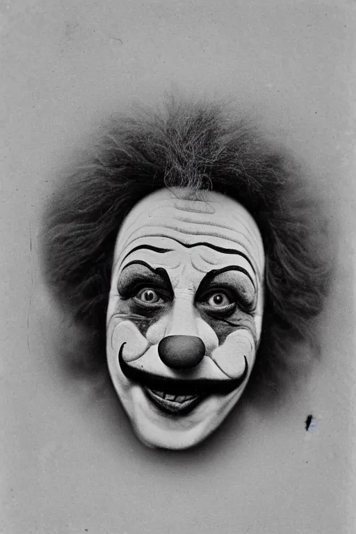 Prompt: old realistic photo of face of a clown, photograph, early 1 9 0 0's, black and whitehighly detailed, matte, sharp focus, smooth, sharp focus, illustration