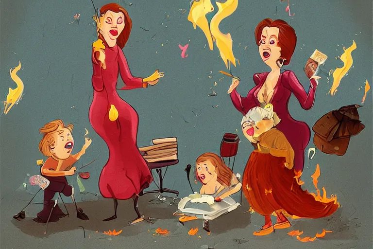 Image similar to a crazy housewife opera singer hurries up to pack daughter's things, surrounded with fire, clothes are flying around, digital art, trending on artstation