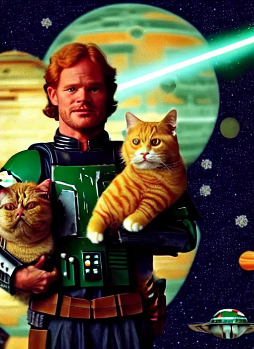 Image similar to film still of boba fett holding a fat ginger cat in his arms, star wars, beautiful glowing lights, planets in background, sci - fi, stunning, intricate, elegant. highly detailed