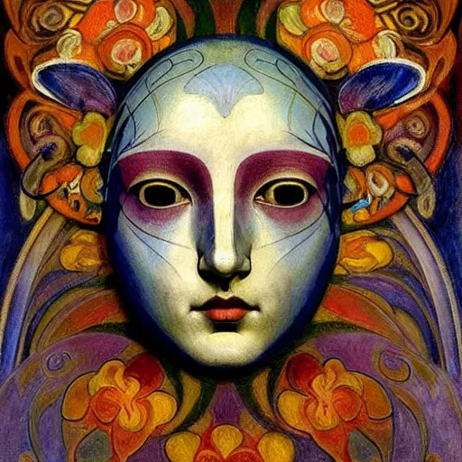 Image similar to masterpiece painting of a facemask made of stylized flowers, by annie swynnerton and jean delville and tino rodriguez and john watkiss, flower mask, art deco shaman, art brut, symbolist, dramatic lighting, god rays, elaborate geometric ornament, clean crisp graphics, soft cool colors, smooth, sharp focus, extremely detailed