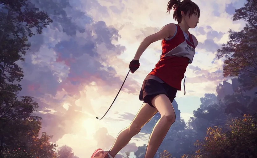 Image similar to a girl is running, red sport clothing, marathon, anime style, real face, brown short hair, hair down, from arknights, hyper realistic, rule of thirds, extreme detail, detailed 4 k drawing, safebooru, realistic lighting, by alphonse mucha, greg rutkowski, backlit