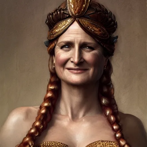 Prompt: portrait of helen hunt as amazon in an intricate dress by roberto ferri, fantasy, witcher, very detailed, masterpiece, 8 k
