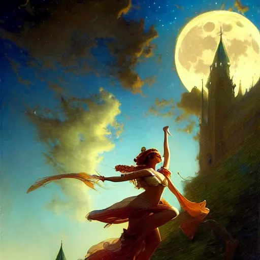 Image similar to attractive witch magically flying trough the night, fantasy, full moon in background. highly detailed painting by gaston bussiere, craig mullins, j. c. leyendecker 8 k