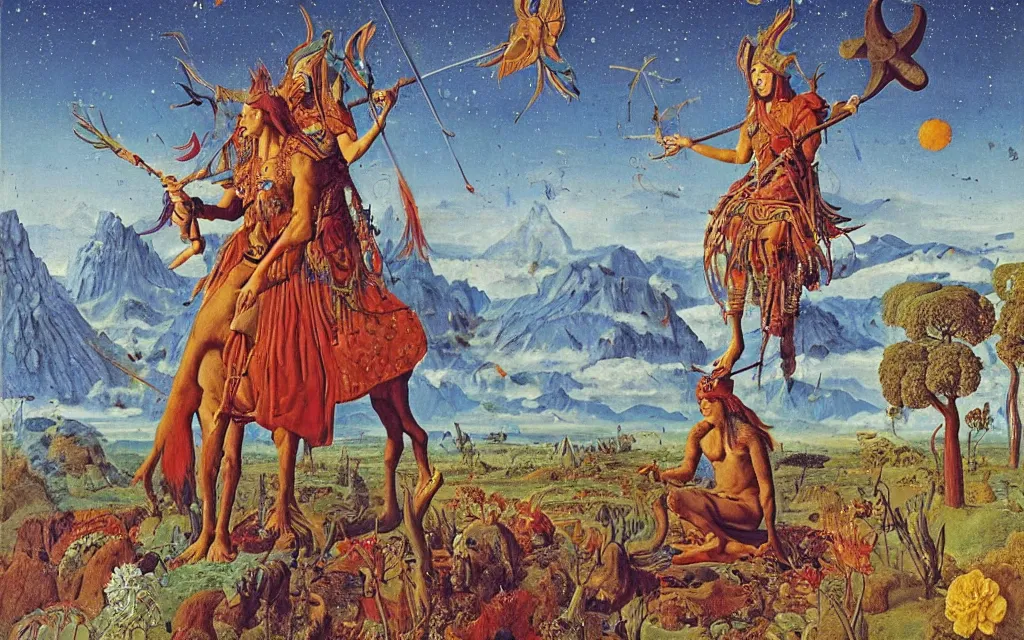 Prompt: a portrait photograph of a meditating shaman and a centaur monk riding a rocket and hunting at a river delta. surrounded by bulbous flowers and trees. mountain range under a blue sky of fiery stars. by jan van eyck, max ernst, ernst haeckel, ernst fuchs and artgerm, cgsociety, fashion editorial, 8 k