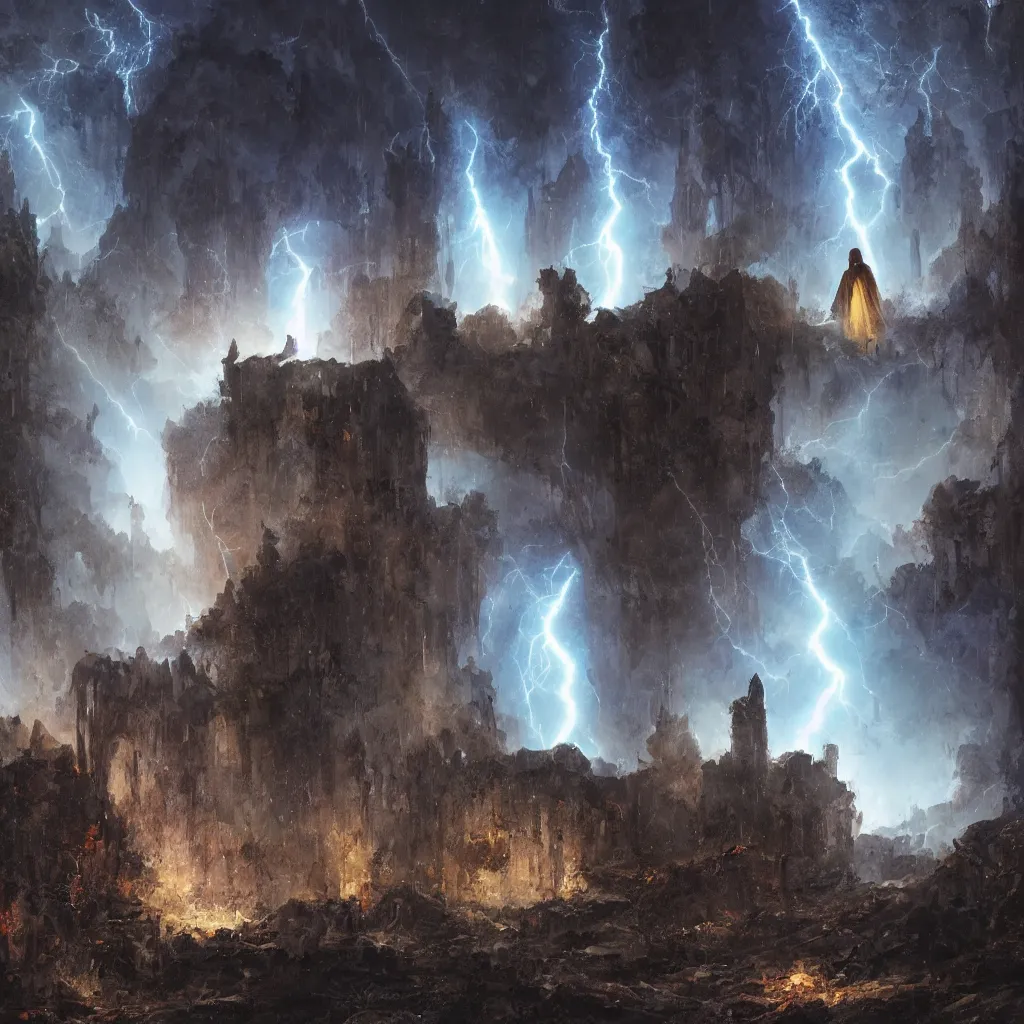 Image similar to a still of a cloaked figure standing in the ruins of crux prime, monastery, there is lightning, blue fiery maelstrom in the distance, it is raining, digital art, artstationhq