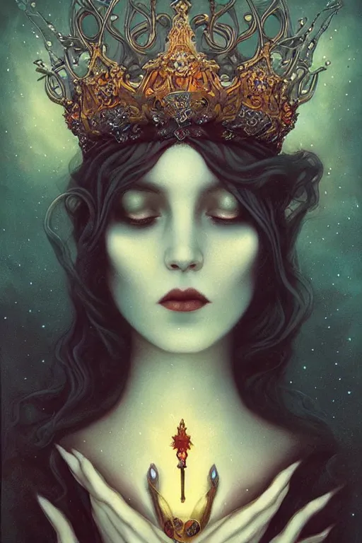 Image similar to jeweled Crown, other worldly, cruel and dark, art nouveau, by Anato Finnstark, Tom Bagshaw, Brom