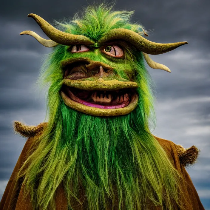 Prompt: closeup portrait of a green-horned goblin monster, wearing a cloak made of rainbows and metal, in an empty field, by Annie Leibovitz and Steve McCurry, natural light, detailed face, CANON Eos C300, ƒ1.8, 35mm, 8K, medium-format print