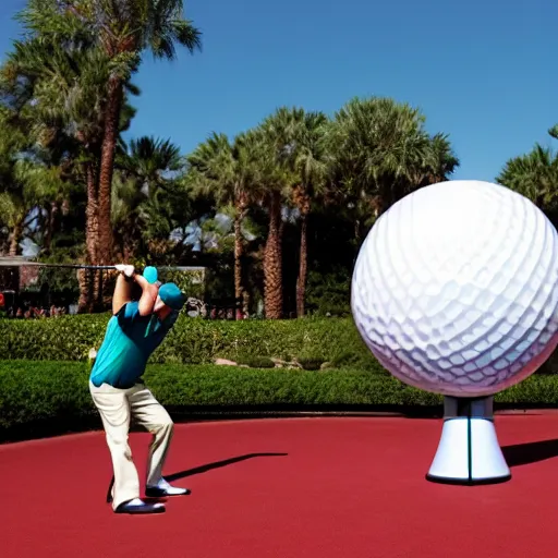 Image similar to a giant playing teeing up a shot in golf using the epcot ball in real life, highly detailed, extremely high resolution, ultra realistic