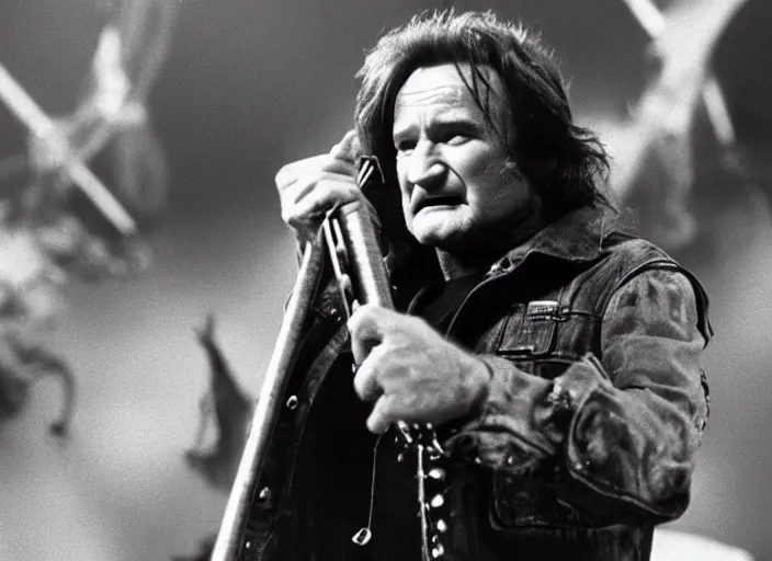 Prompt: promotional image of robin williams in a heavy metal band in a movie from 1978, rugged black clothes, detailed face, movie still frame, promotional image, imax 70 mm footage