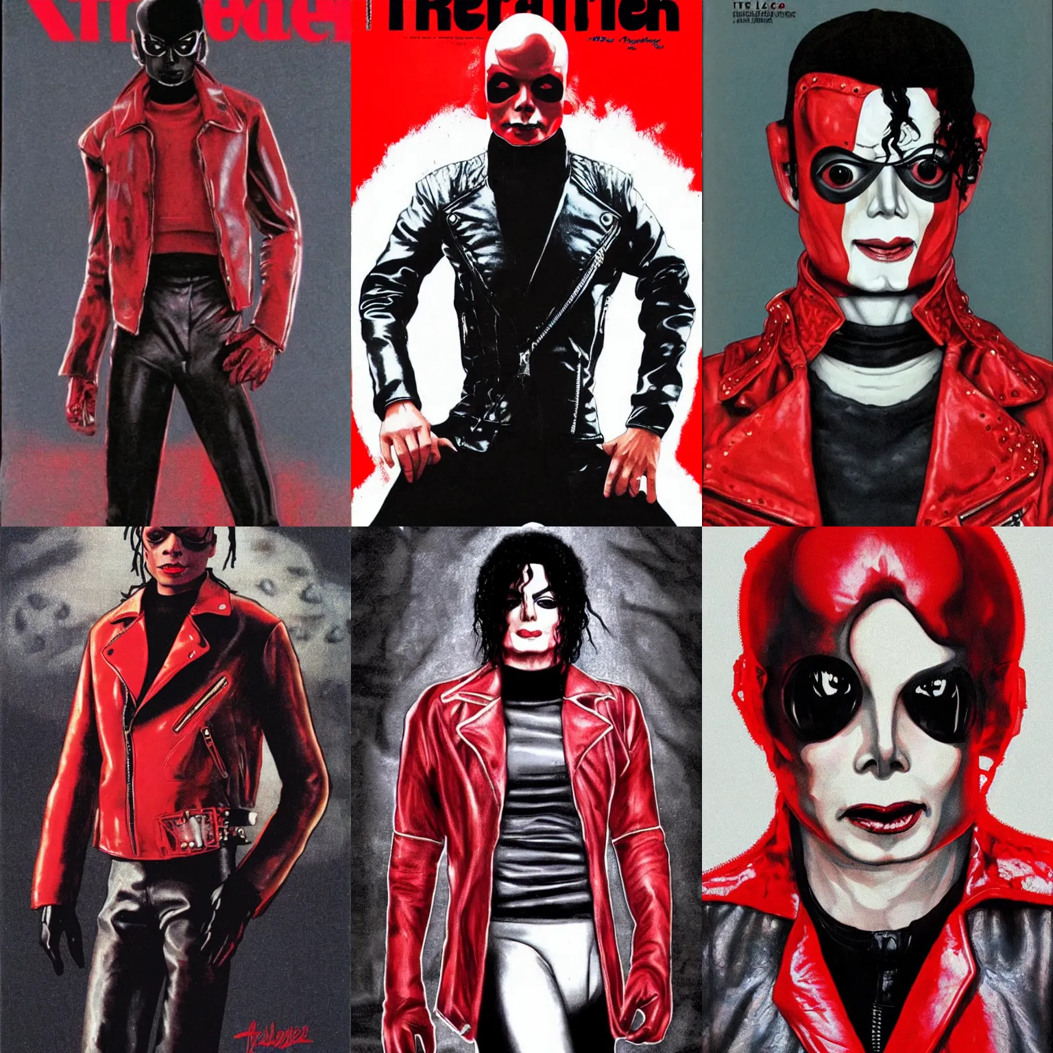 Prompt: bald michael jackson with grey skin huge bulbous pitch black eyes. wearing the red leather motorcycle jacket from thriller, cyberpunk illustration. scifi fashion magazine cover.