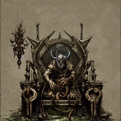 Prompt: murky sewer scene with an evil rat sitting on a throne, surrounded by his court of rats, wearing elaborate reneissance clothing. trending on artstation, fantasy illustration, rat people, extremely detailed, grim