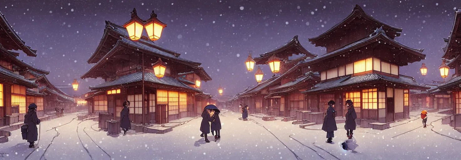 Image similar to empty rural japanese town at night, winter, in the style of studio ghibli, j. c. leyendecker, greg rutkowski, artem