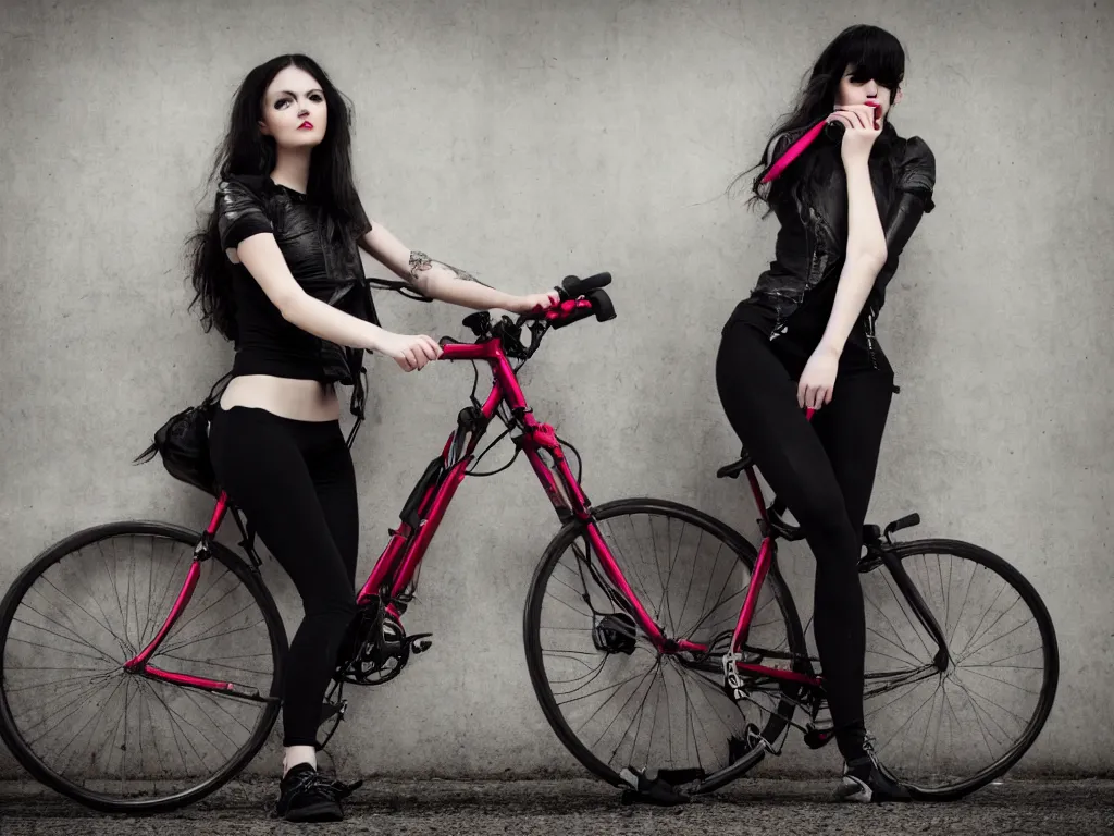 Image similar to full - length photo, young woman, leaning on a bike, gothic clothes, adidas shoes, 4 k, colourful