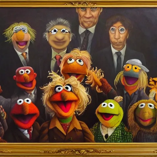 Prompt: muppet show, oil on canvas, surrealism, highly detailed, masterpiece, award - winning, artstationhd