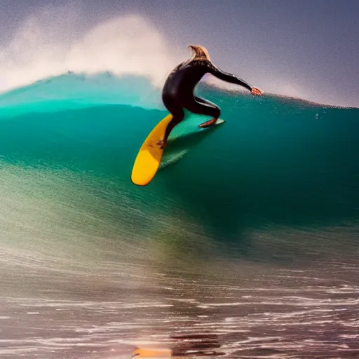 Image similar to professional photo of a surfer on a huge wave, summer season, 8 k