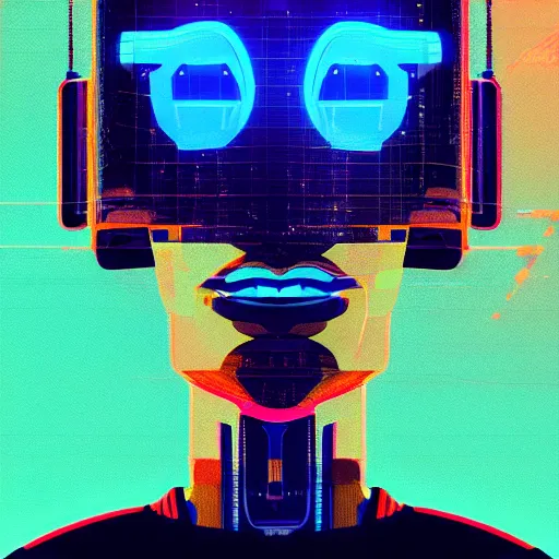 Prompt: a graph - style a huge robot head in front of her, cyberpunk art by by james gilleard, cgsociety, retrofuturism, synthwave, retrowave, outrun