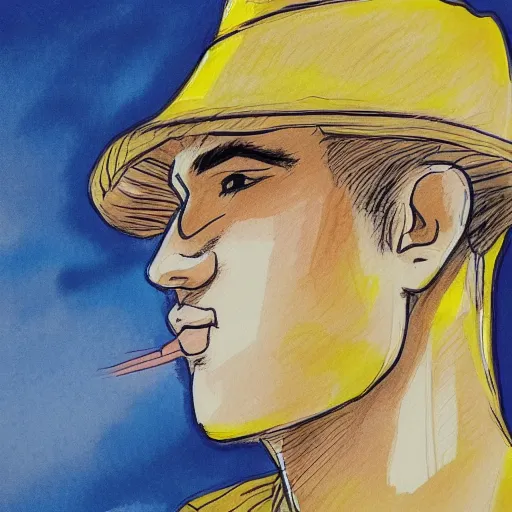 Image similar to a drawing of a man wearing a hat, a gouache by Hirohiko Araki, tumblr contest winner, modern european ink painting, watercolor, colorized, art on instagram