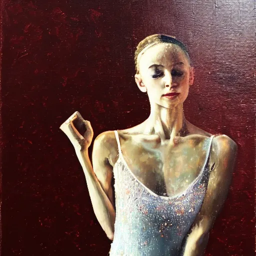 Image similar to portrait of a ballerina, impasto paint, 8 k, cinematic light, shadows, reflection highlights in the paint, in the style of christian beijer,