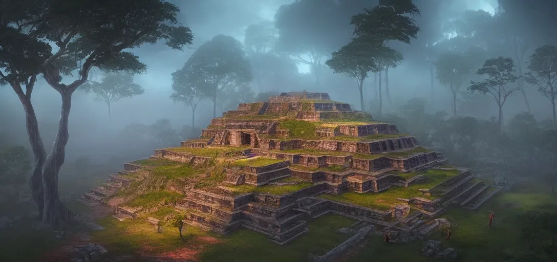 Prompt: dramatic view of an abandoned ancient mayan temple, trees with winding branches, colored fog, haze, unreal engine, dramatic lighting, detailed, ambient occlusion, global illumination, god rays, 3 d artstation render by noah bradley and jordan grimmer