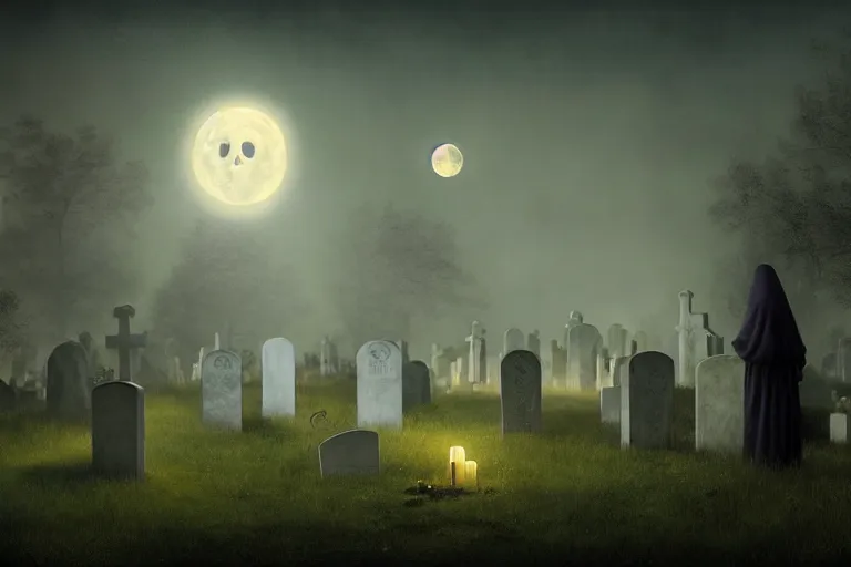 Image similar to a ghost story, the full moon shone brightly on the graveyard as the ghosts started to appear by john bauer, igor morski, danny flynn, painting by claude gellee, 8 k 3 d, 8 k resolution, trending on artstation, octane render,