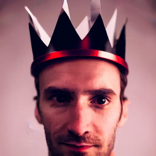 Image similar to man with a crown, smirk, photograph, black backgrounds, glowing red eyes, low poly