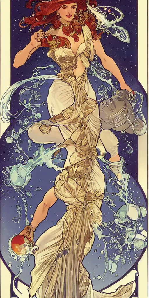 Prompt: a woman in a dress made of outer space pouring water from a vase into the milky way, by joe madura, by art adams, by alphonse mucha, battle chasers.