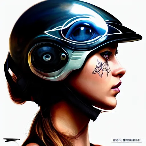 Prompt: profile photo of a girl driver wearing a transparent visor helmet with big eye lashes with high detailed tattoos on neck, side profile on a racing car, highly detailed, digital painting, artstation, concept art, smooth, sharp focus, illustration by Sandra Chevrier