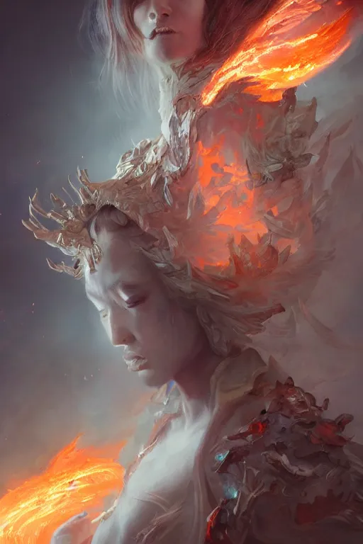 Prompt: beautiful girl sorcerer transforming into fire ice and lava skin, casting magic spell, angel, fantasy, magic the gathering, hyper detailed, 3 d render, hyper realistic detailed portrait, peter mohrbacher, wlop, ruan jia, luis royo