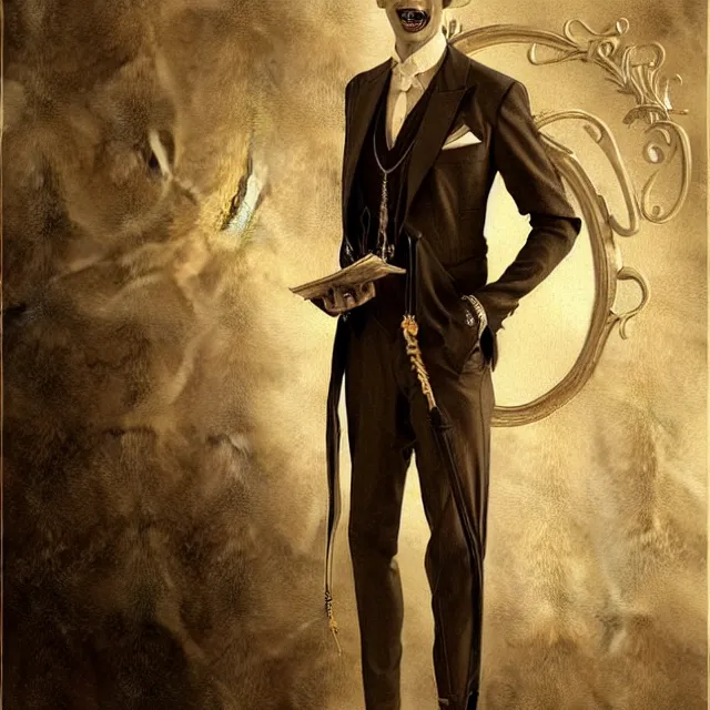 Image similar to photorealistic sepia full - head portrait of a 1 9 2 0 s era smirking male occultist, well dressed, long - tailed tuxedo coat, atmospheric lighting, dark, brooding, painted, intricate by tom bagshaw, ultra detailed, well composed, best on artstation, cgsociety, epic, stunning, gorgeous, intricate detail, much wow, masterpiece