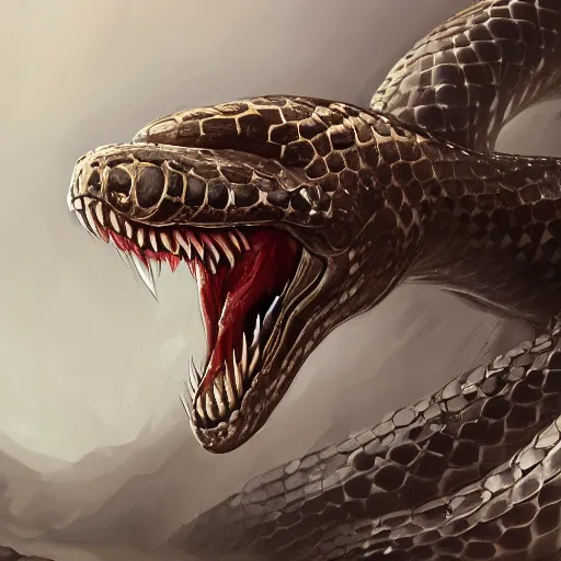 Prompt: Giant aggressive snake with a metallic skull as its head, 8k, detailed, concept art, trending on artstation