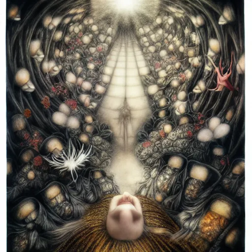 Image similar to descending into madness by itsuko azuma, kinuko y. craft, julie heffernan, remedios varo, graphite, dreamy, mysterious and illusory