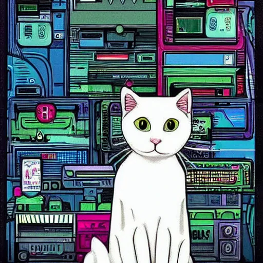 Prompt: a cute white cat art, epic cyberpunk art