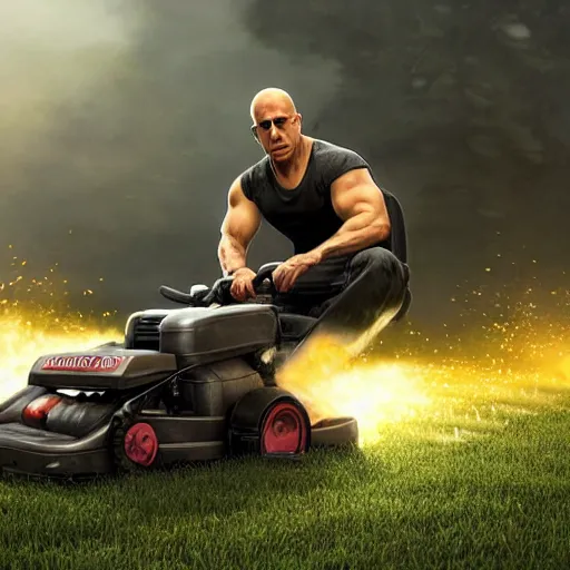 Image similar to hyperrealistic mixed media high resolution painting of Vin Diesel racing a lawnmower, stunning 3d render inspired art by István Sándorfi and Greg Rutkowski and Unreal Engine, perfect symmetry, dim volumetric lighting, 8k octane beautifully detailed render, post-processing, extremely hyper-detailed, intricate, epic composition, highly detailed attributes, highly detailed atmosphere, cinematic lighting, masterpiece, trending on artstation, very very detailed, masterpiece, stunning, flawless structure, lifelike texture, perfection,