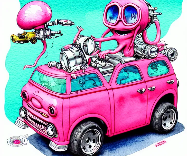 Image similar to cute and funny, pink colored squid wearing goggles riding in a tiny hot rod with oversized engine, ratfink style by ed roth, centered award winning watercolor pen illustration, isometric illustration by chihiro iwasaki, edited by range murata, tiny details by artgerm and watercolor girl, symmetrically isometrically centered