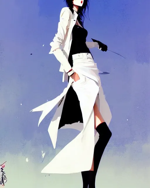 Prompt: a ultradetailed painting of a stylish woman wearing a white jacket with black skirt, by conrad roset, greg rutkowski and makoto shinkai trending on artstation