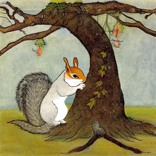 Prompt: two squirrels sitting in a tree, a rabbit sits underneath the tree, in the style of john bauer