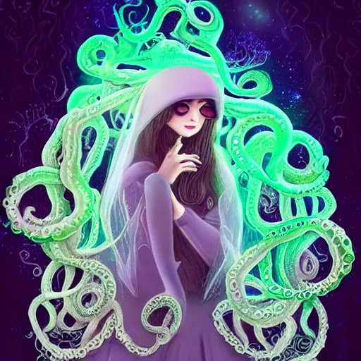 Image similar to Cthlulu!!!!!!!!!!!!!!! Squid-face lovecraftian eldritch profile pic, lace veil, magazine photoshoot, tentacles, glow galaxy background,